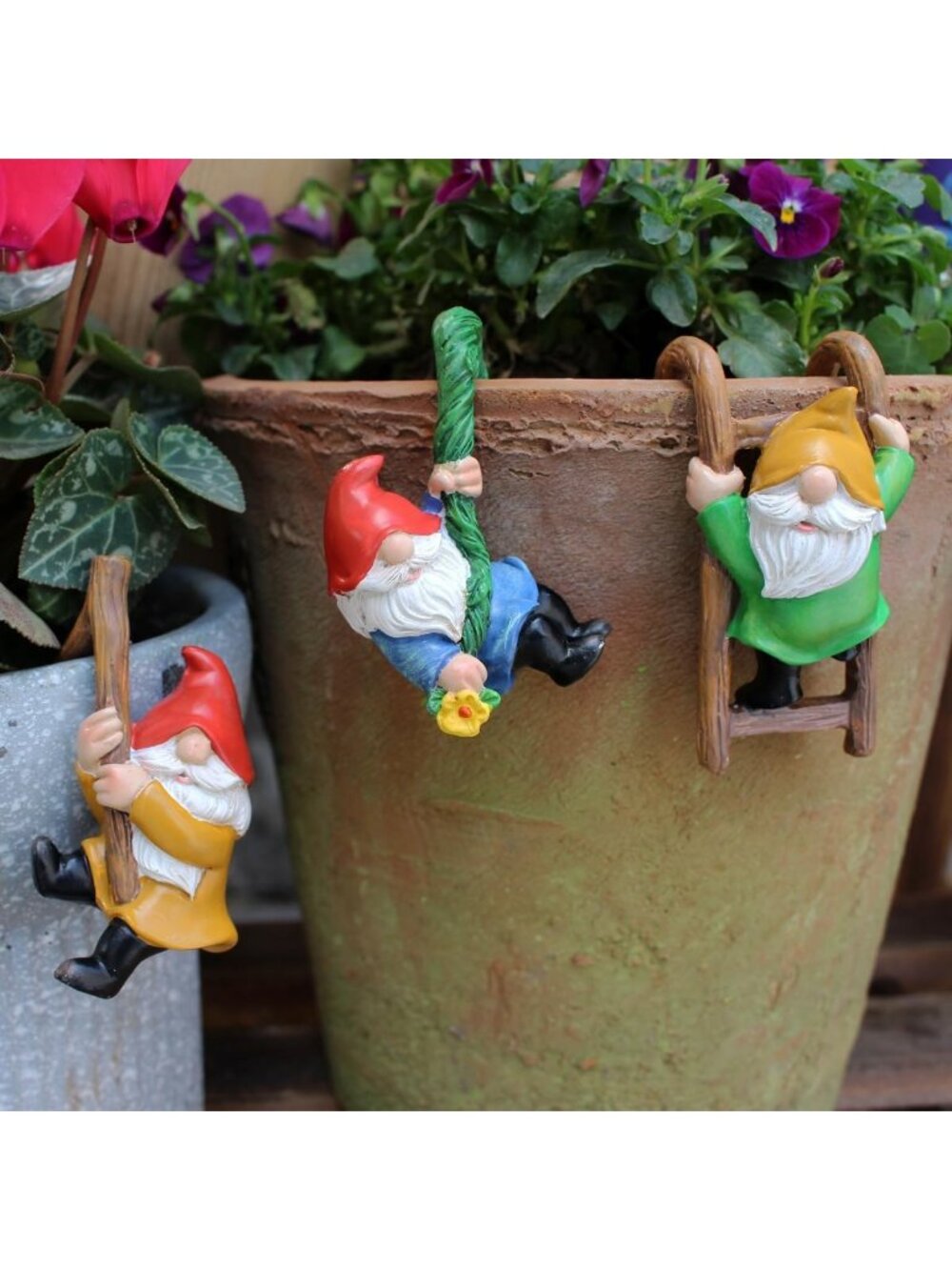 Set of 3 Outdoor Climbing Gnomes - Garden Decor, Fairy Garden Statues, Resin